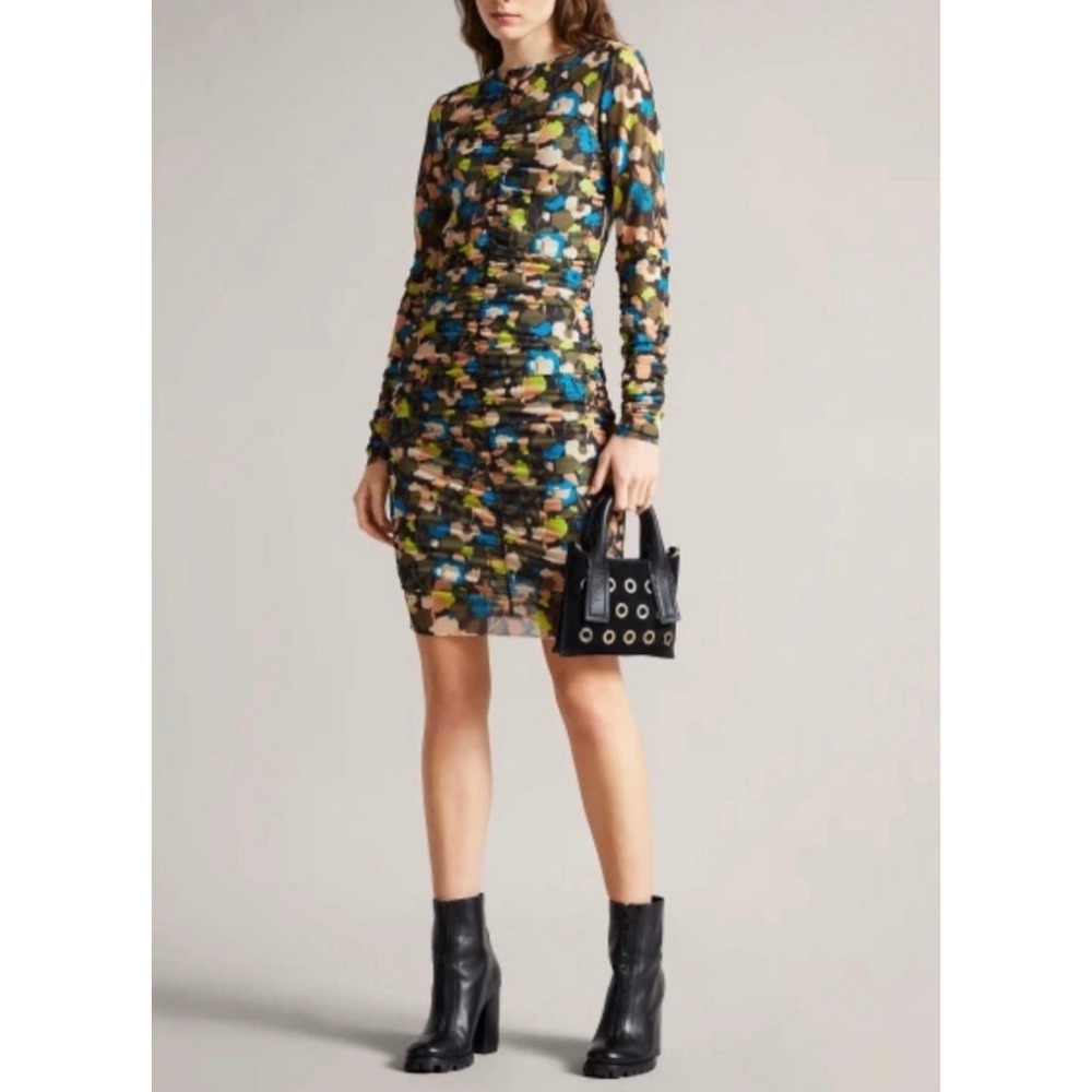 TED BAKER Ttinna Ruched Dress Women Medium Floral Mesh Long Sleeve Bodycon - Picture 1 of 16